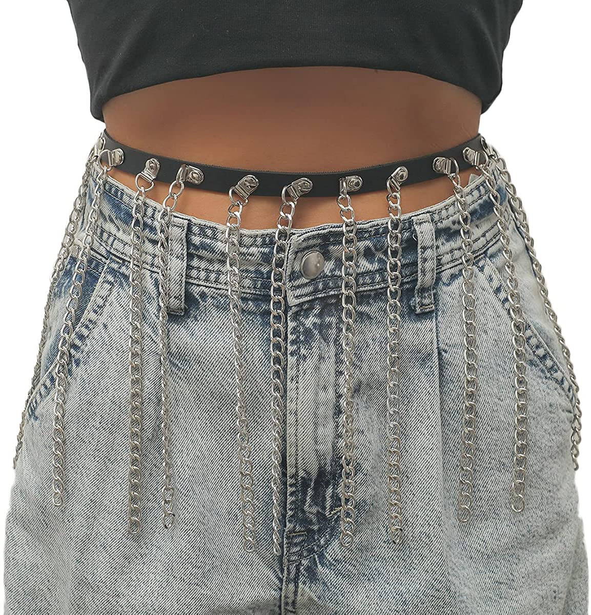Price:$14.99 PU Leahter Waist Chain Sexy Gothic Belly Chain Boho Body Jewelry Punk Black Belt with Metal Tassel for Party Accessories : Clothing, Shoes & Jewelry