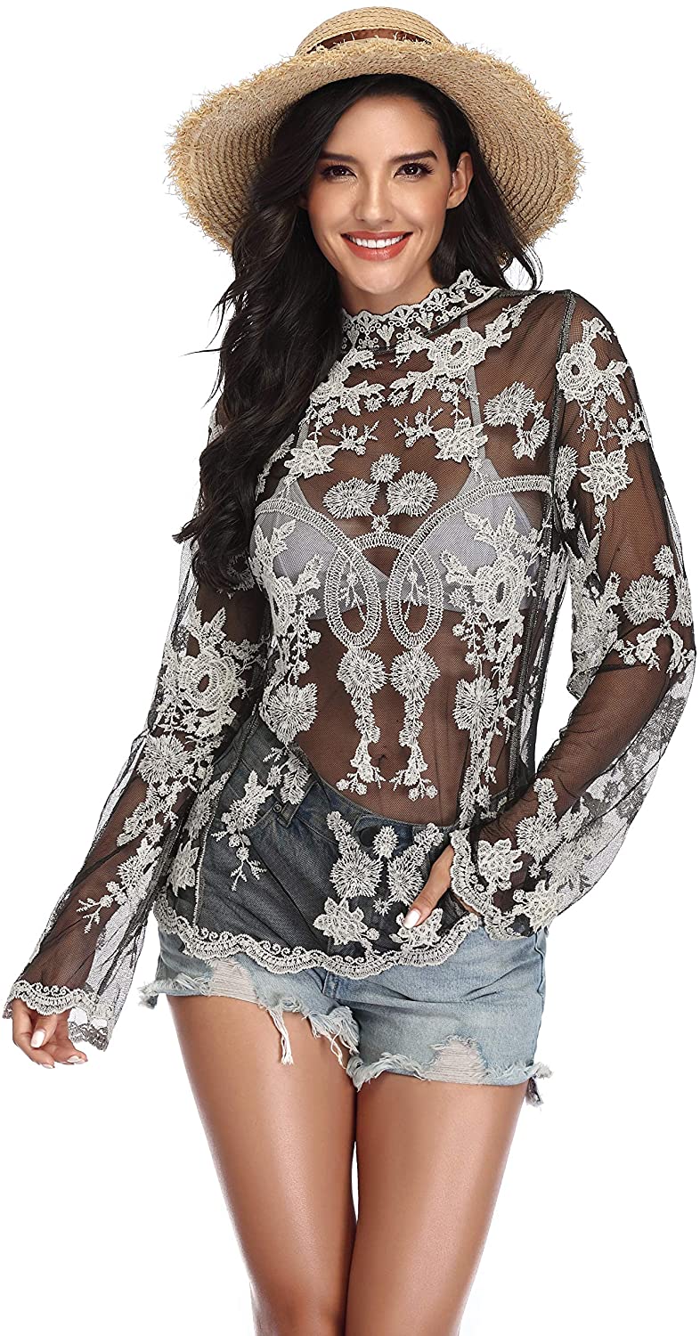 Price:$15.99 Swimwear Lace Bathing Suit Bikini Cover Up Long Sleeve Beachwear Pullover Sexy Robes for Lady Black at Amazon Women’s Clothing store