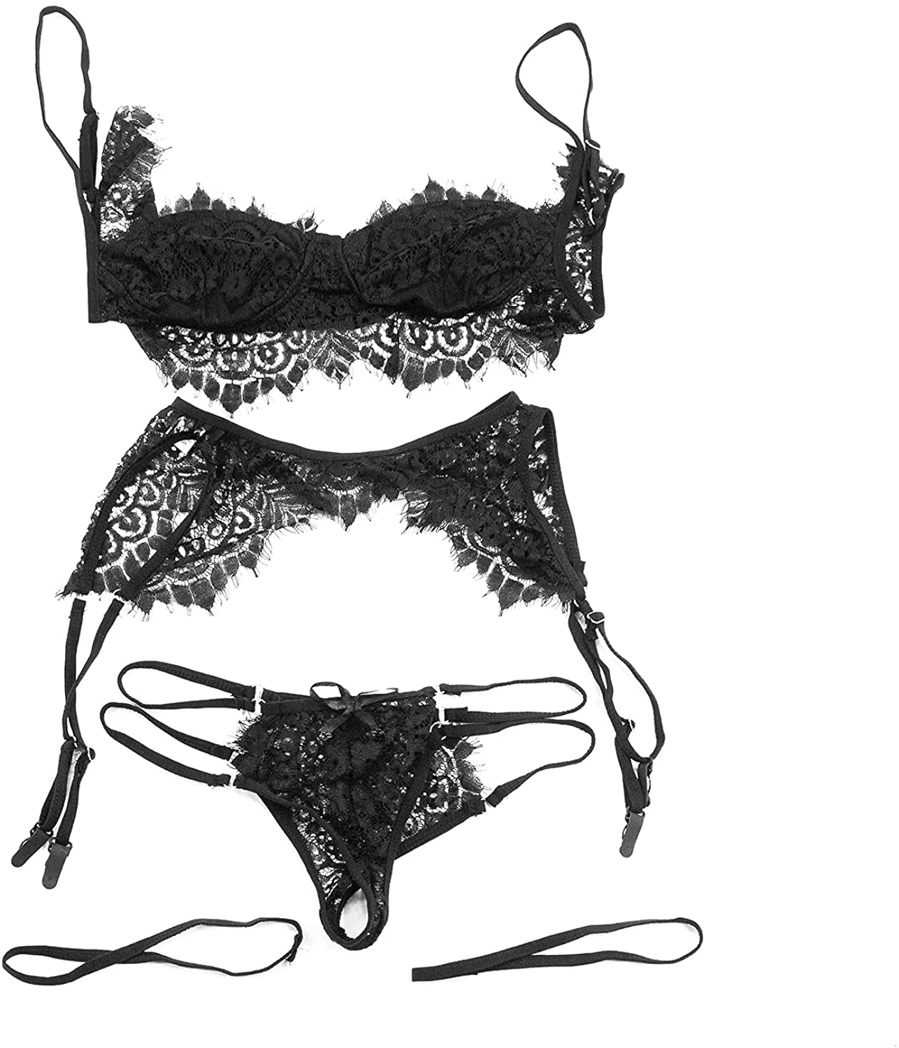 Price:$16.99 Women Sexy Lingerie Naughty,Lace Bar and Panty and Garter Belts with Silk Stocking 4 Piece Sets S-XXL: Clothing, Shoes & Jewelry