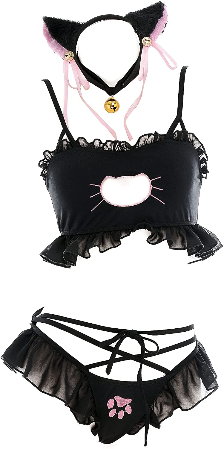 Price:$13.99 Women’s Cat Girl Ruffled Style Lingeries with Necklace and Headdress: Clothing, Shoes & Jewelry