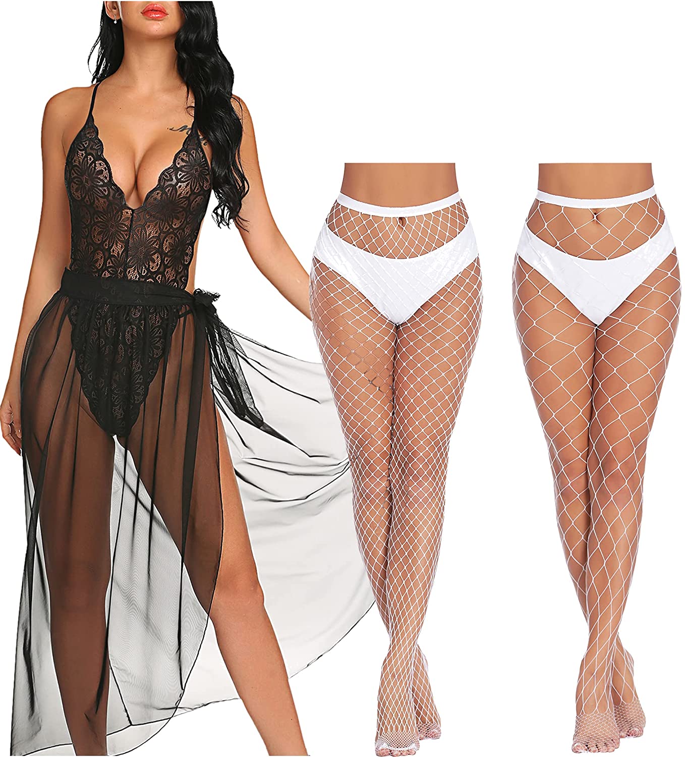 Price:$27.37 Women Lingerie Deep V Lace Bodysuit and Womens High Waist Tights Fishnet Stockings: Clothing, Shoes & Jewelry
