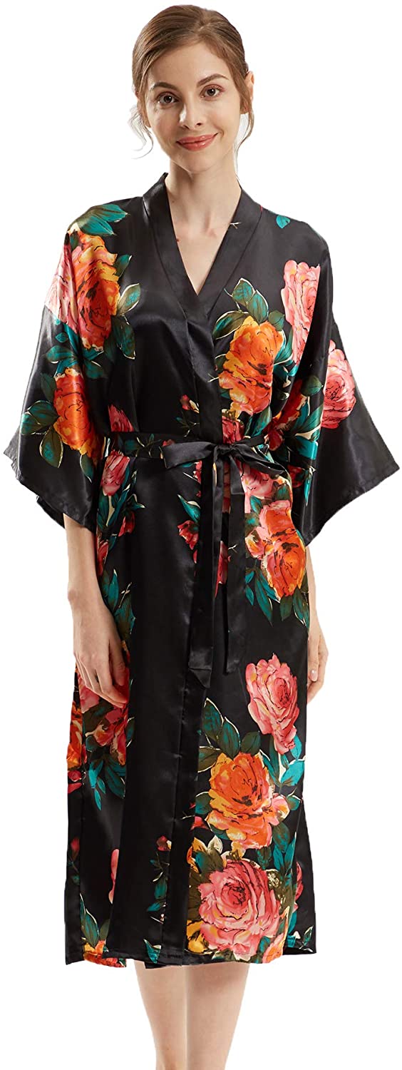 Price:$14.99 Women's Peony Floral Kimono Robes Long Sexy V-Neck Bathrobes Nightwear for Women Home Dressing Gown Black at Amazon Women’s Clothing store