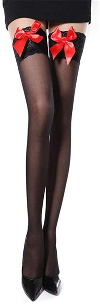 Price:$9.99 Lady Retro Sexy Trendy Soft Luxury Sheer Ultra Thin 15 Denier Thigh High Stockings Hosiery (Black with Red Bow) at Amazon Women’s Clothing store