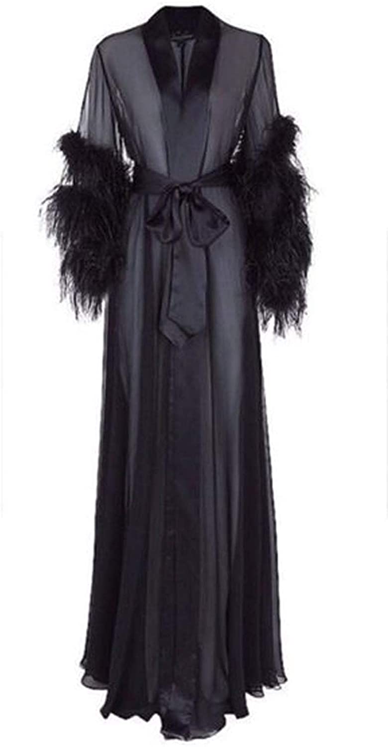 Price:$62.00 Women's Sexy V Neck Feather Long Sleeve Prom Dresses Wedding Bridal Robe Sleepwear with Belt at Amazon Women’s Clothing store
