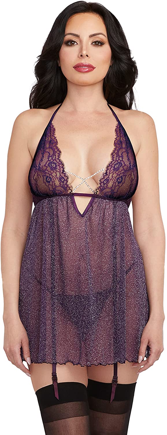 Price:$30.88 Sparkle Mesh & Stretch Lace Babydoll Set with Rhinestone Neckline & Fly-A-Way Open Back Detail Plum: Clothing, Shoes & Jewelry