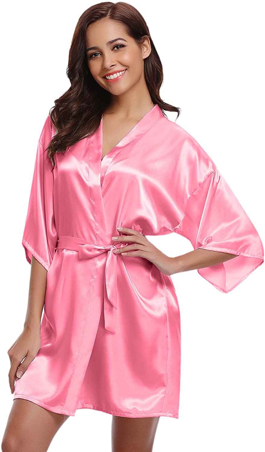 Price:$15.59 Women's Kimono Robe Silk Bathrobe Sleepwear Short Satin Robes for Bridal Bridesmaids Dressing Gown at Amazon Women’s Clothing store