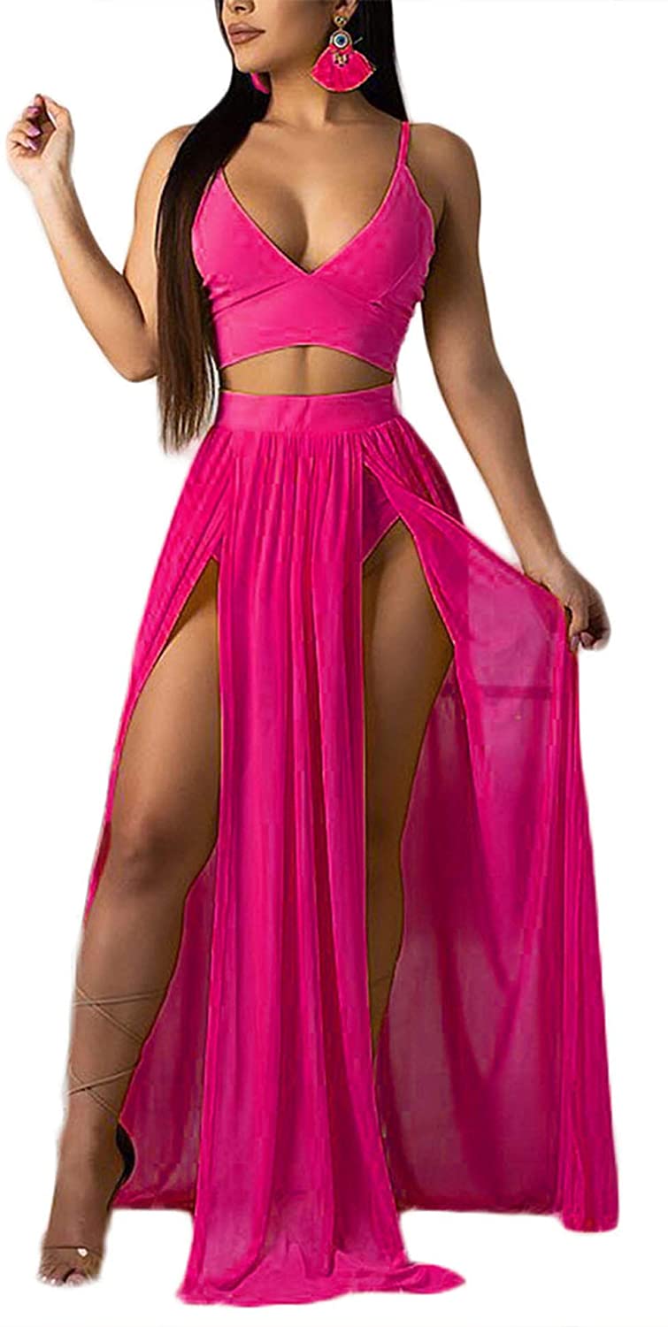Price:$25.99 Sexy 2 Piece Outfits Dress Chiffon Strap Deep V Neck Bra Crop Top High Split Maxi Dresses Skirt Set at Amazon Women’s Clothing store