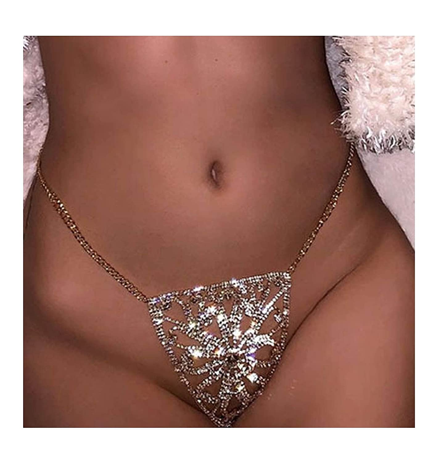 Price:$13.99 Women Sexy Crystal Underwear Body Chain Rhinestone Sparkly Flower Belly Waist Chain Mini Thong Panties Jewelry for Nightclub Party : Clothing, Shoes & Jewelry