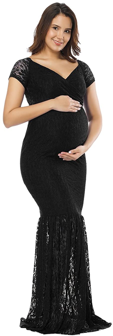 Price:$28.99 Women's Off Shoulder Short Sleeve V Neck Lace Maternity Gown Maxi Photography Dress at Amazon Women’s Clothing store