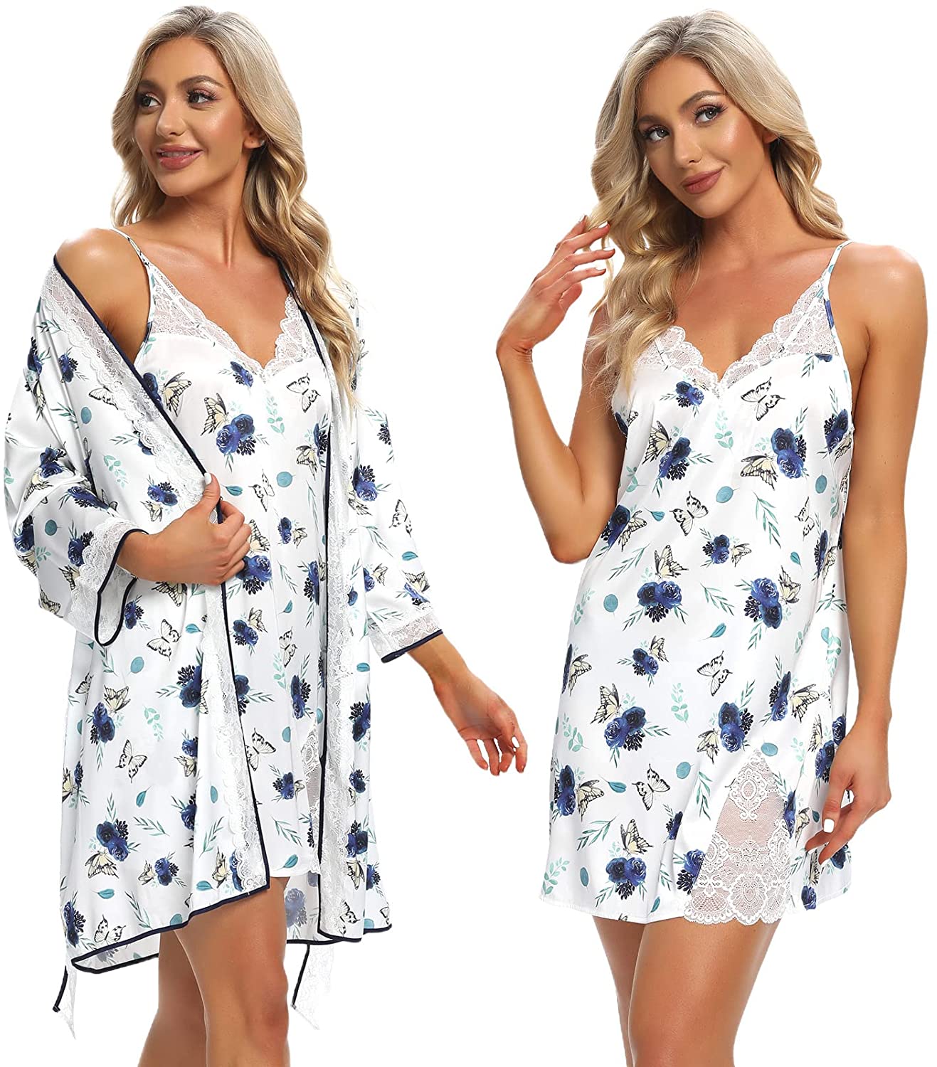Price:$35.99 Women's pajamas 3-piece set butterfly print sexy satin camisole shorts pajamas set with robe at Amazon Women’s Clothing store