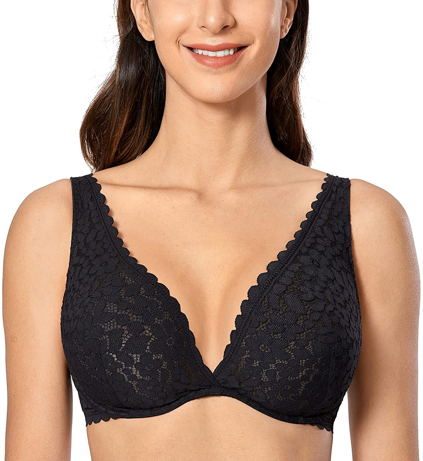 Price:$19.99 Women's Lace Bralette Plus Size Minimizer Bra Underwire Sexy Plunge Unlined at Amazon Women’s Clothing store