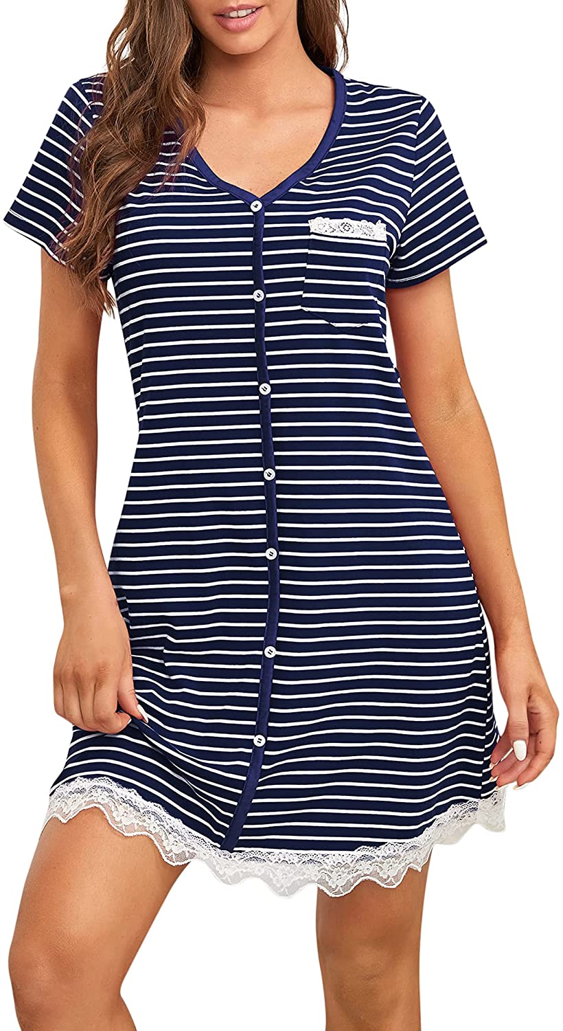 Price:$24.99 Womens Nightgowns Short Sleeve Nightshirts Lace Trim Sleepshirts Striped Sleepdress Button Front Nightdress at Amazon Women’s Clothing store