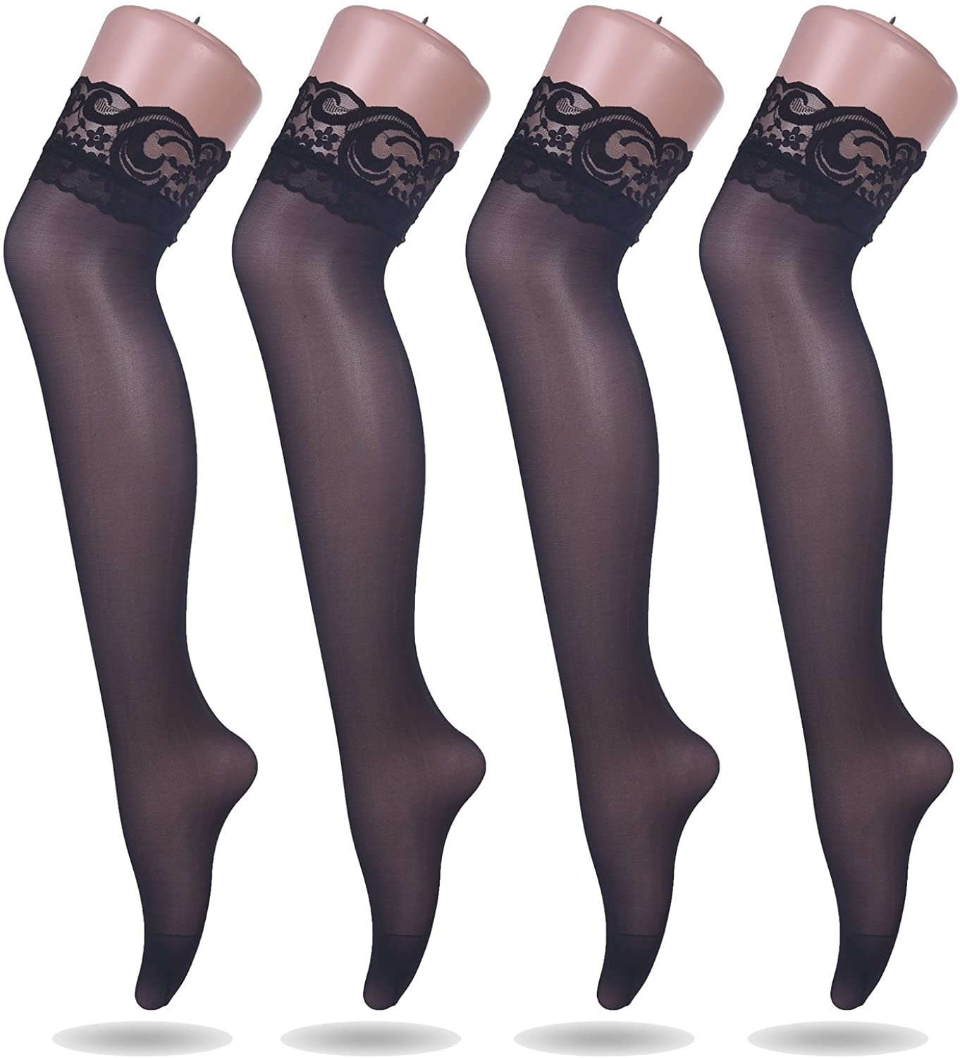 Price:$9.99 Women's Lace Thigh High Silk Stockings (Black,4 Pairs) at Amazon Women’s Clothing store