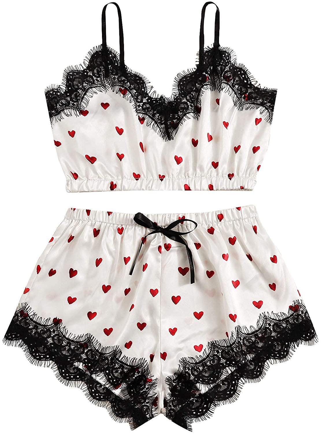 Price:$13.99 Women Cute Heart Print Eyelash Lace Pajamas Set Satin Cami Shorts PJs Sleepwear Nightwear at Amazon Women’s Clothing store