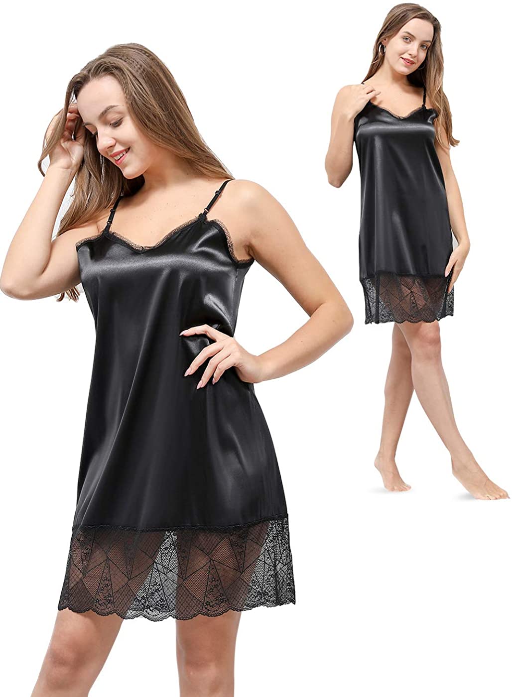 Price:$24.99 Night Gowns for Ladies/ Youth Girls, Silk Nightgown for Women, Black and White Sexy Nightwear XS-2XL at Amazon Women’s Clothing store