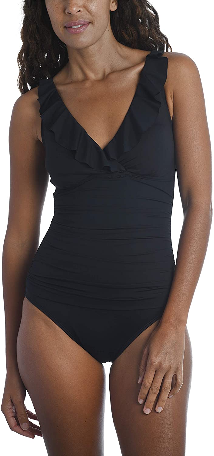 Price:$75.00 Blanca Women's Standard Island Goddess Underwire Ruffle Surplice Mio One Piece Swimsuit at Amazon Women’s Clothing store