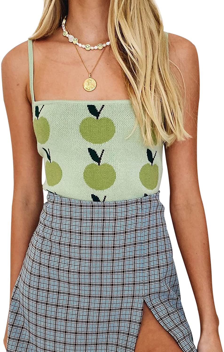 Price:$18.99 Women Y2K Cute Cherry Apple Smiley Face Print Knit Crop Cami Top Sleeveless Spaghetti Strap Crop Camisole Vest at Amazon Women’s Clothing store
