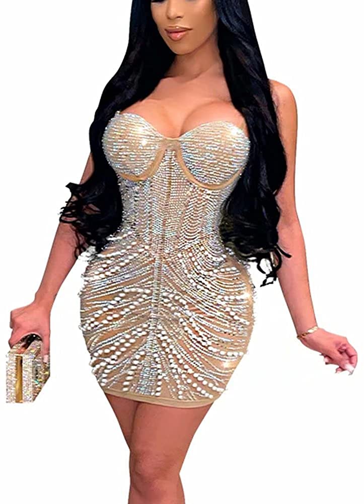 Price:$33.99 Sexy Spaghetti Strap Sleeveless Rhinestone Bodycon Mesh Midi Dress Club Outfits : Clothing, Shoes & Jewelry