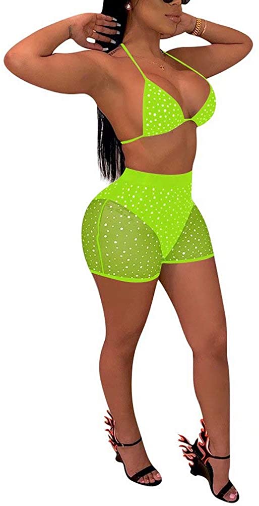 Price:$19.99 Two Piece Outfits Sexy Mesh Halter Sparkle Bra Top Bikini High Waist Shorts Set Summer Beach Club Party Jumpsuit : Clothing, Shoes & Jewelry