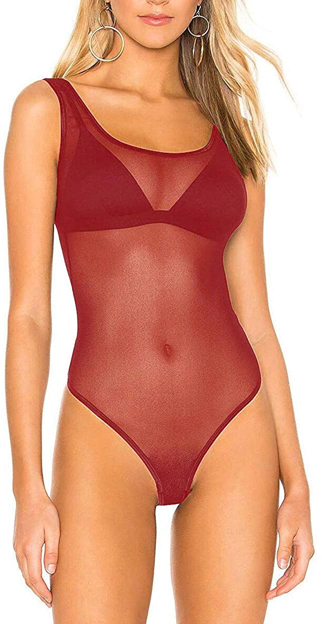 Price:$14.99 Women's Sheer Bodysuits Sleeveless One Piece Lingerie See Through Mesh Jumpsuit Tops at Amazon Women’s Clothing store