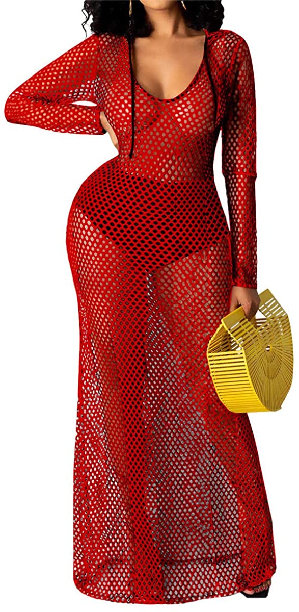 Price:$19.99 Sexy See Through Mesh Maxi Long Dress Deep Scoop Neck Club Wear Dresses Hooded Beach Long Cover Dress at Amazon Women’s Clothing store