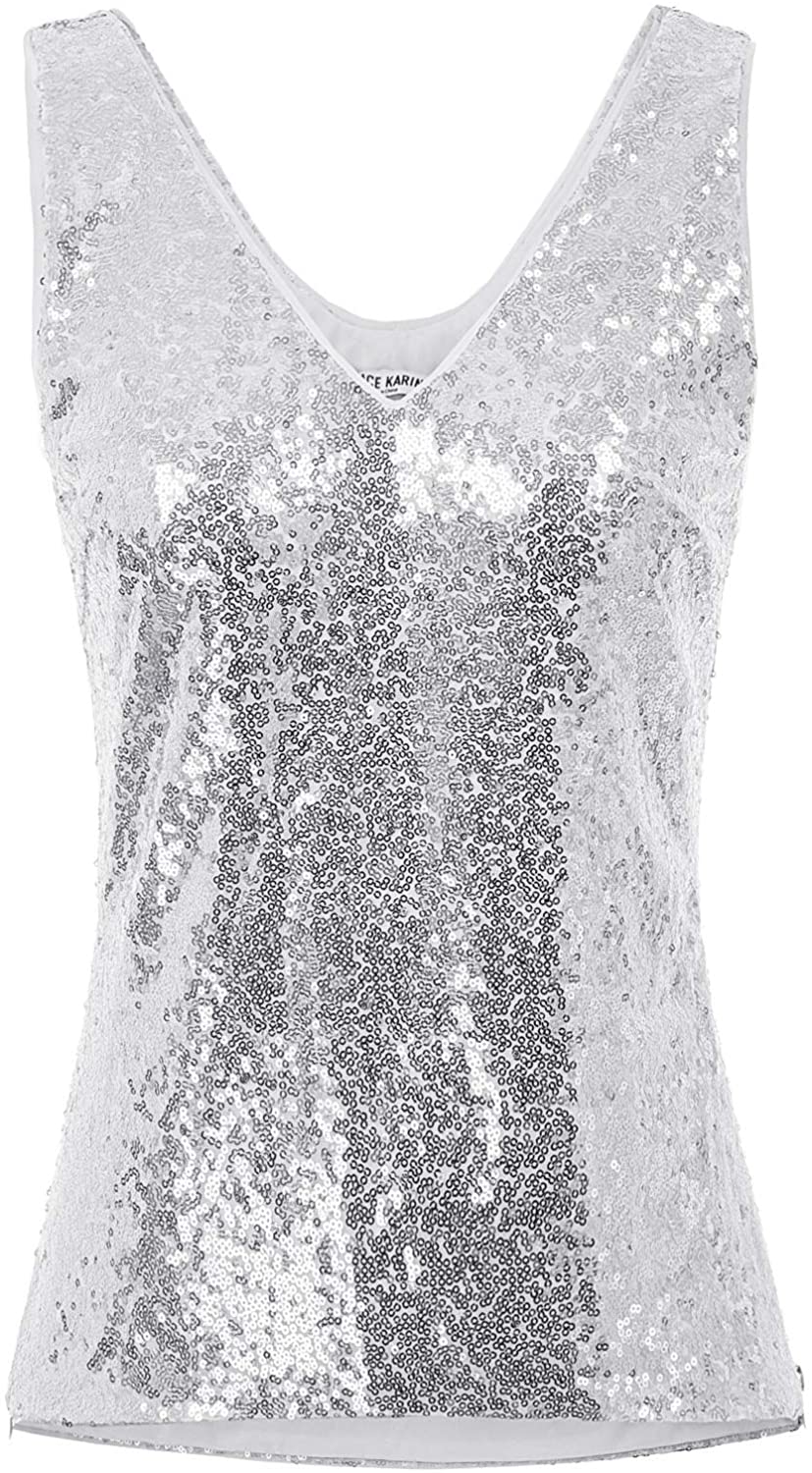 Price:$16.99 KARIN Women's Sleeveless Sparkle Sequin Tops V-Neck Cami Sexy Club Tank Top at Amazon Women’s Clothing store