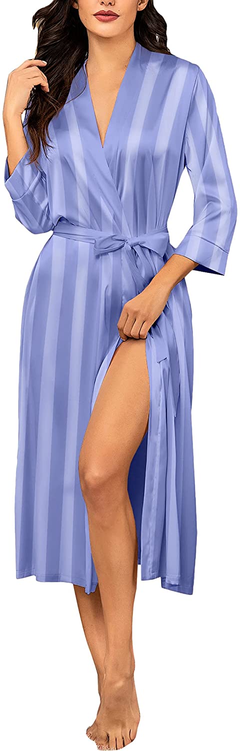 Price:$27.98 Women's Pure Color Satin Long Kimono Bridesmaids Bride Lingerie Robes Blue Grey Medium at Amazon Women’s Clothing store