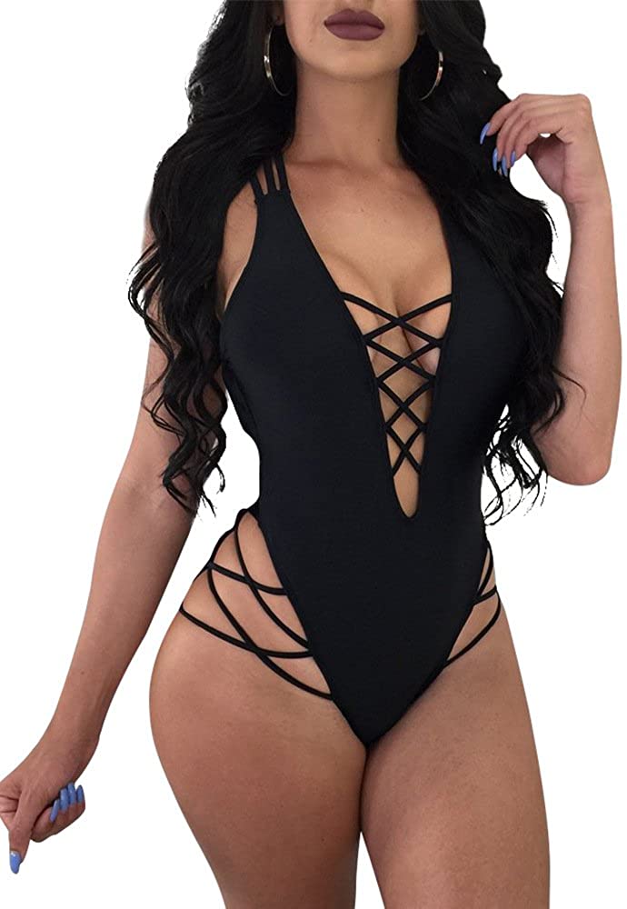 Price:$17.99 Womens Sexy One Piece Lace Up Straps Swimsuit Bathing Suit Swimwear at Amazon Women’s Clothing store