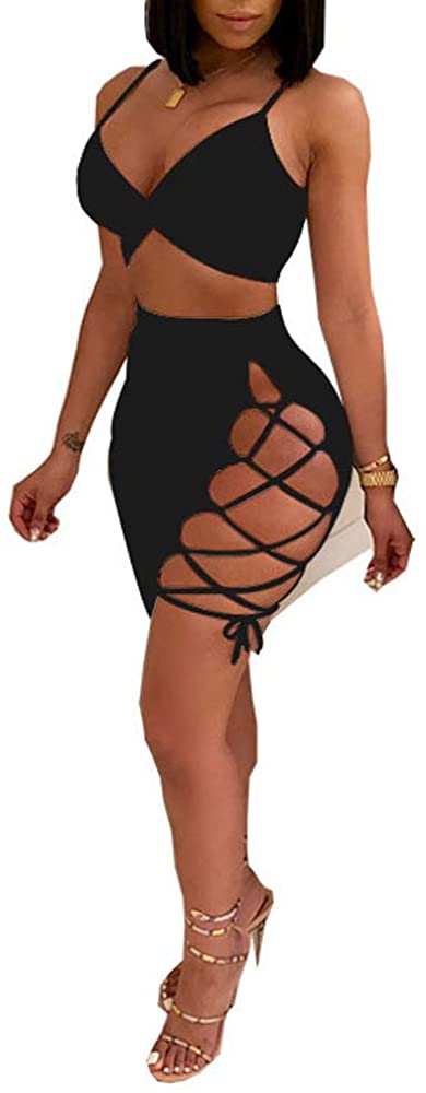Price:$14.99 Sleeveless Sexy Club Party Bandage Dresses Spaghetti Strap Two Piece Clubwear Crop Top + Lace Up Skirt : Clothing, Shoes & Jewelry