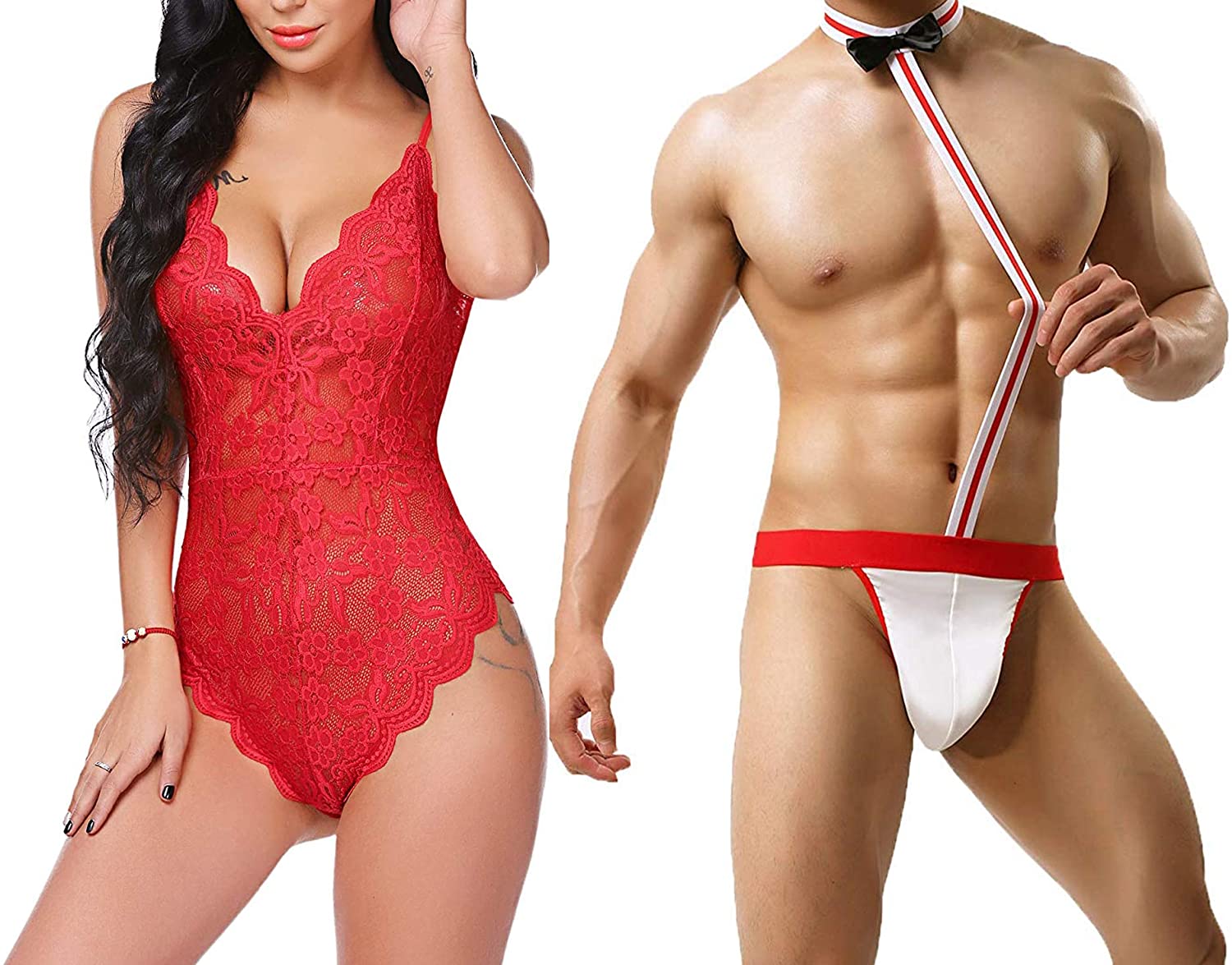 Price:$21.99 Sexy Lingerie Set Deep V Teddy Lace Bodysuit for Women and Bow Tie Pouch Thong for Men | Amazon.com