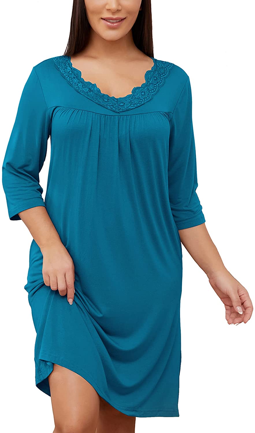 Price:$12.58 Nightgowns for Women 3/4 Sleeve Sleepwear Lace Comfy Sleep Gowns Pleated V Neck Nightshirt S-3XL at Amazon Women’s Clothing store
