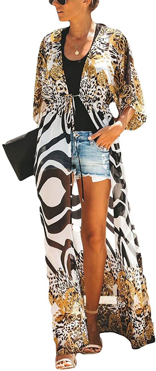 Price:$23.99 Women Zebra Print Short Sleeve Chiffon Bikini Cover Up Swimwear Kimono Cardigan Long Blouses at Amazon Women’s Clothing store
