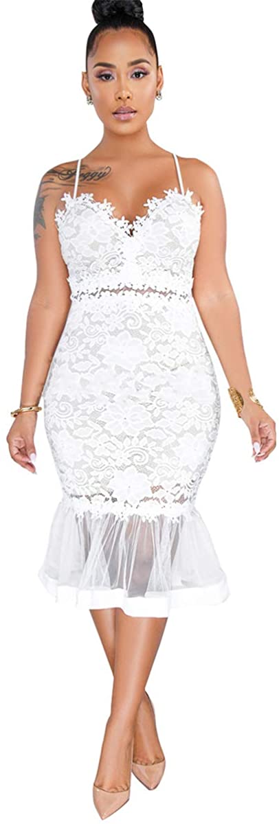 Price:$14.90 Sexy Sleeveless Deep V Neck Lace Mesh Paneled Ruffles Bodycon Party Clubwear Dress : Clothing, Shoes & Jewelry