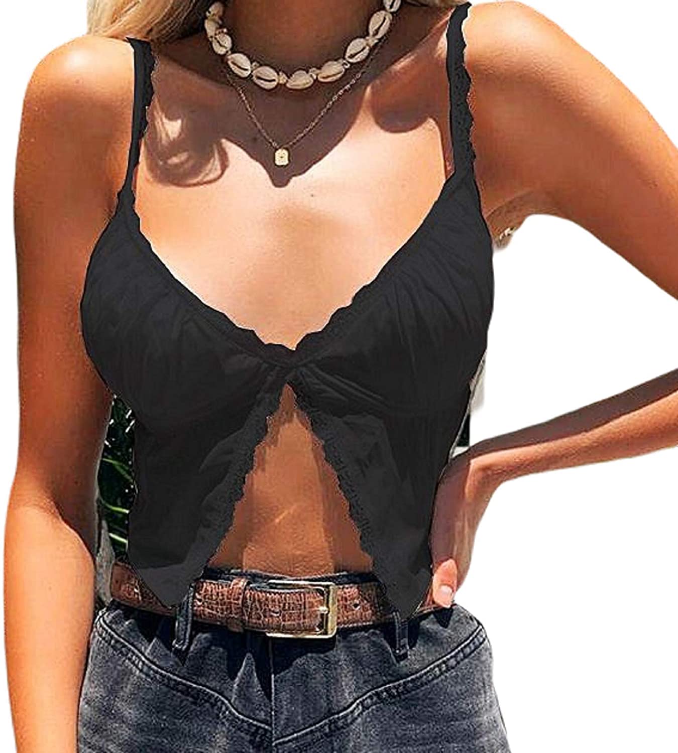 Price:$5.99 Hollow Out Crop Top Sexy Lace Up Front Ribbed Patchwork Shirts Slim Fit Sleeveless Crop Tank Cami at Amazon Women’s Clothing store