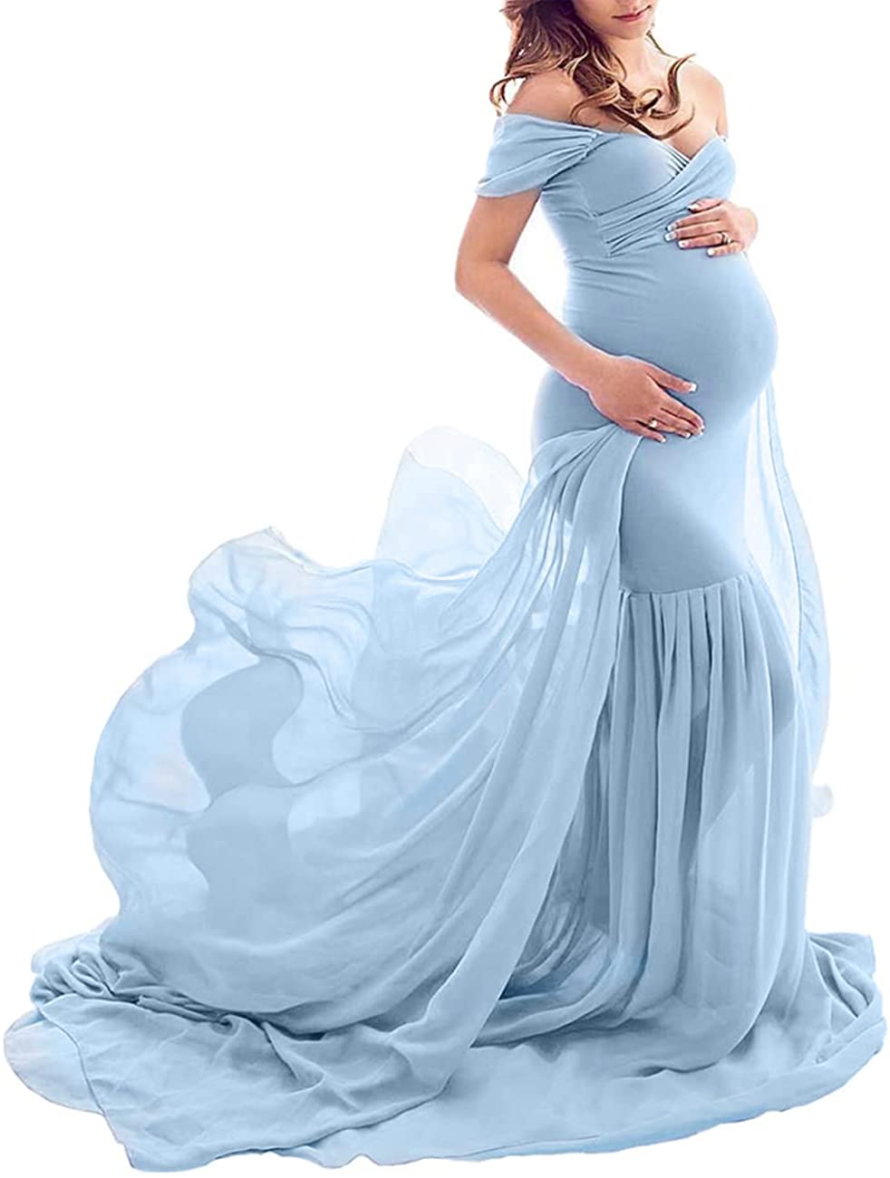 Price:$47.99 Maternity Off Shoulder Chiffon Gown Maxi Photography Dress for Photo Shoot Photo Props Dress Blue at Amazon Women’s Clothing store