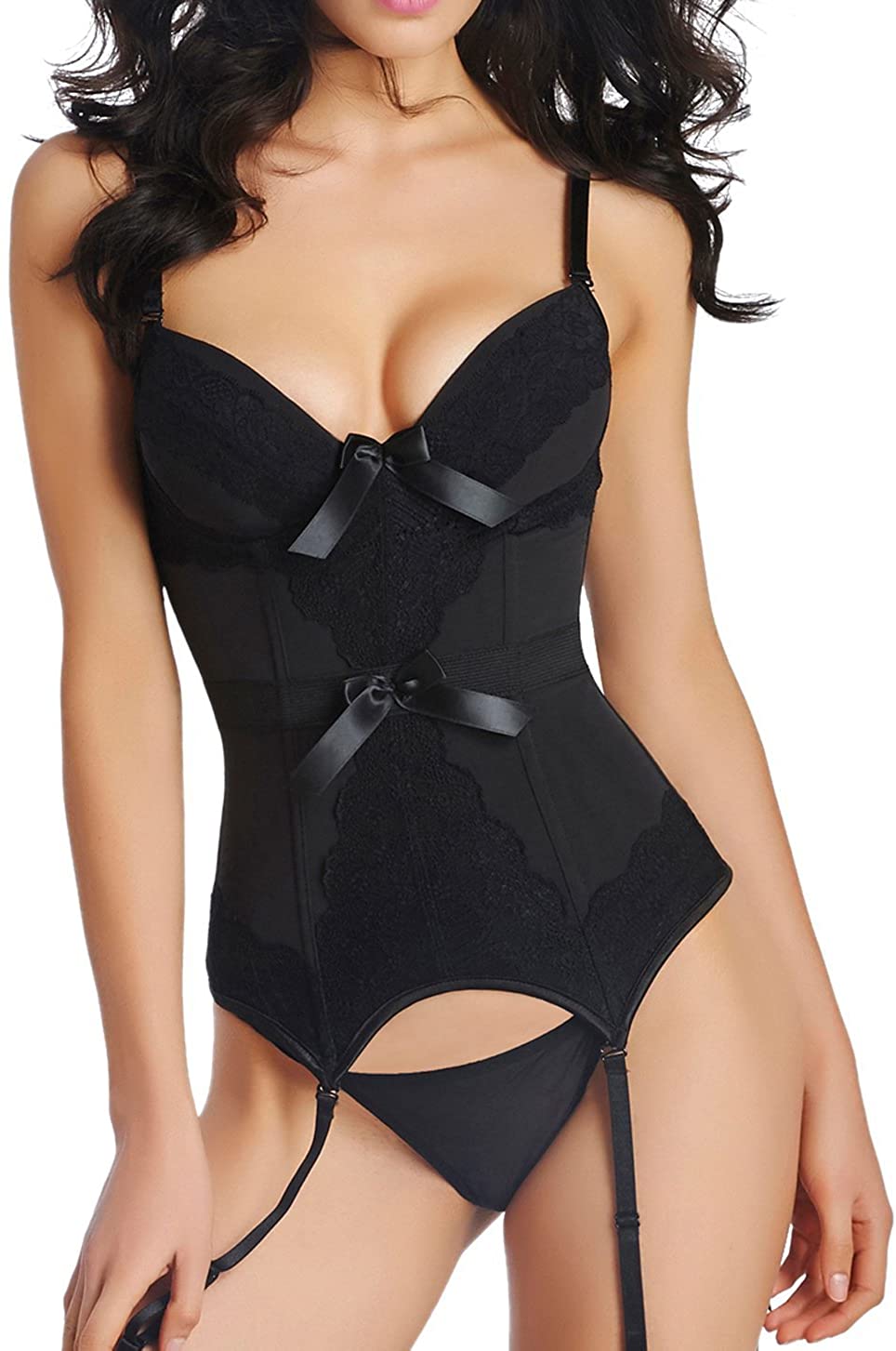 Price:$19.99 Women Lace Bustier Corset Waist Cincher Lingerie garters at Amazon Women’s Clothing store