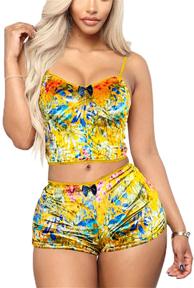 Price:$12.99 Pajamas for Women - Two Piece Outfits Shorts + Crop Top Sleepwear Pjs Set at Amazon Women’s Clothing store
