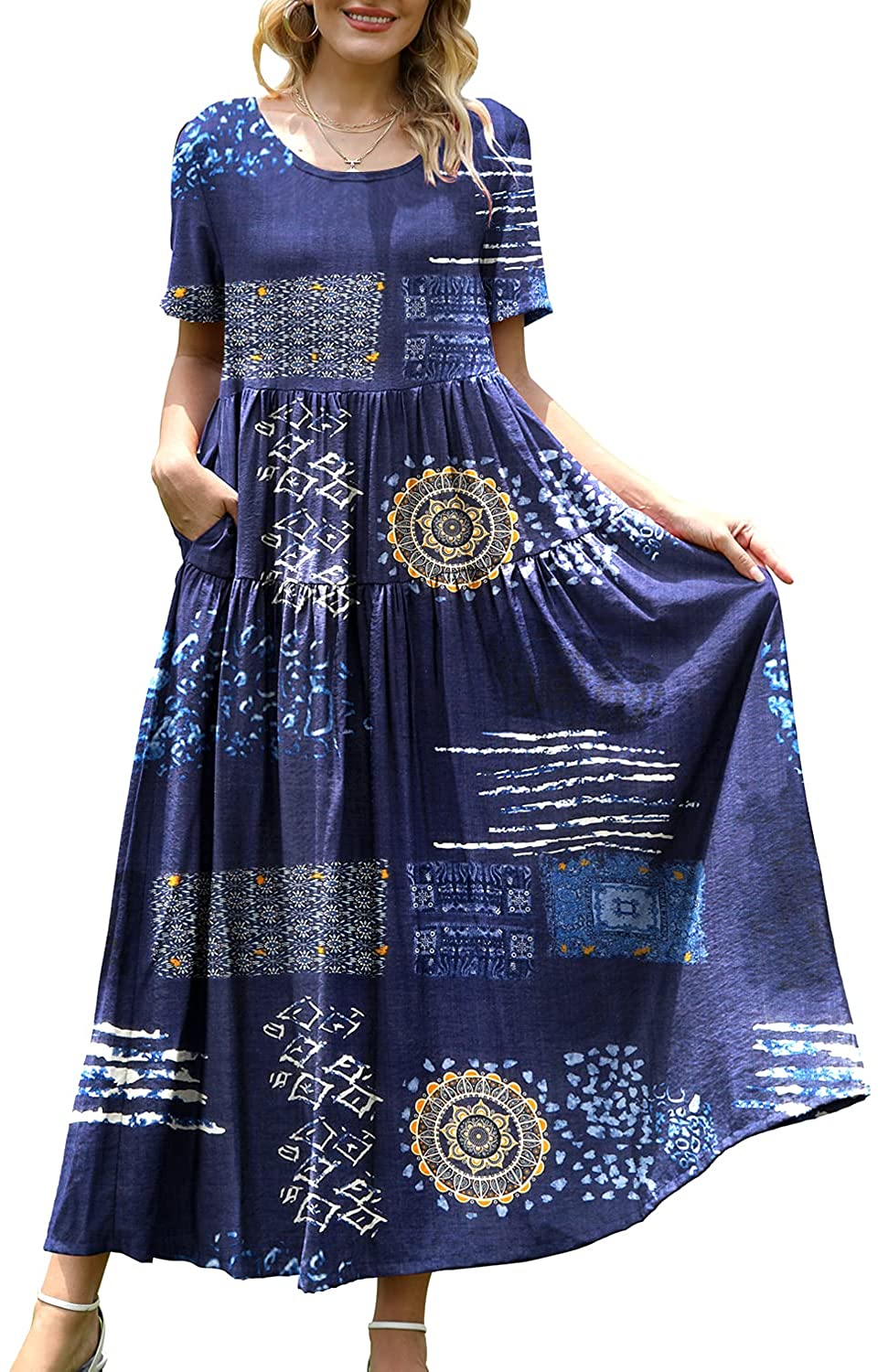 Price:$19.99 Women Casual Loose Bohemian Floral Dress with Pockets Short Sleeve Long Maxi Summer Beach Swing Dress EJF at Amazon Women’s Clothing store