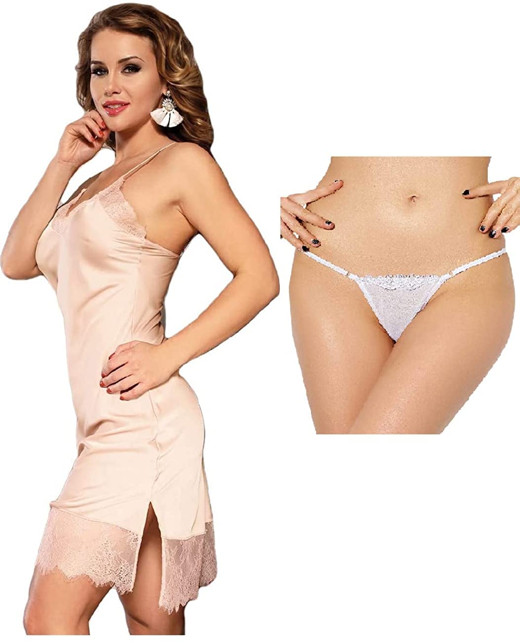 Price:$19.99 Hour Women's Sexy Fashion Silk Satin Lace Women Pajama Lingerie, Beige, G String Panty, White, Medium, Bundle of 2: Clothing, Shoes & Jewelry
