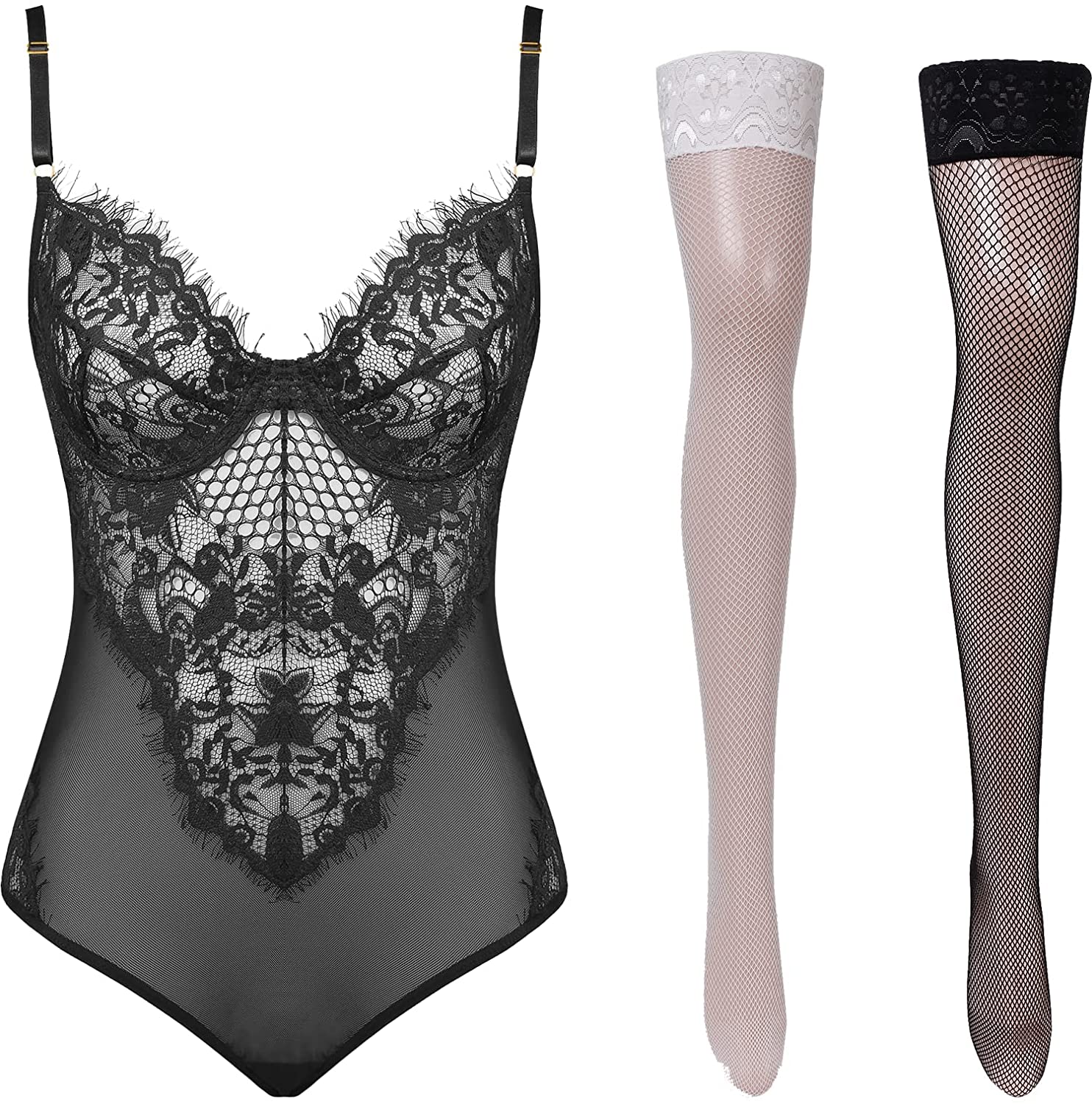 Price:$40.98 Sexy Eyelash Lace Bodysuit Teddy Lingerie One Piece(Black, Medium) + Fishnet Thigh-High Stockings(Black and Nude, One Size): Clothing, Shoes & Jewelry