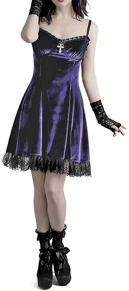 Price:$27.99 Gothic Strappy Mini Dress Black Lace Trim Velvet Sleeveless Side Slit Bodycon Slip Dress Sexy Costume Party Dress (Purple43#-L): Clothing, Shoes & Jewelry
