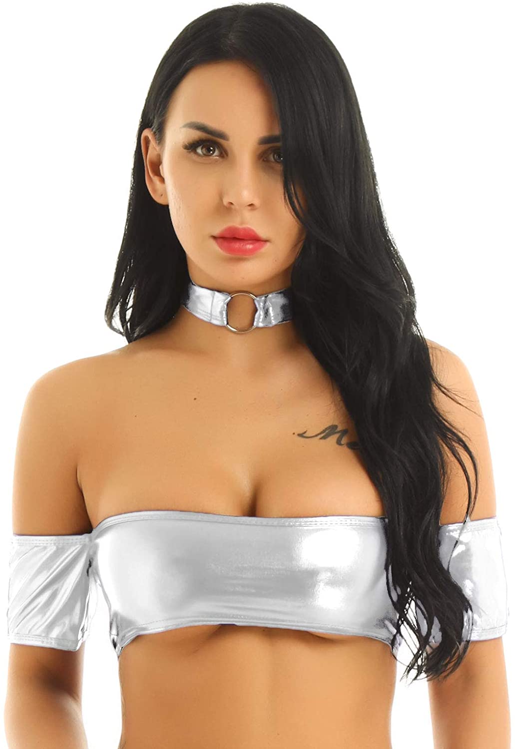 Price:$24.35 Women's Metallic Leather Tube Top Strapless Bandeau Bra Sexy Tank Top Silver One Size: Clothing, Shoes & Jewelry
