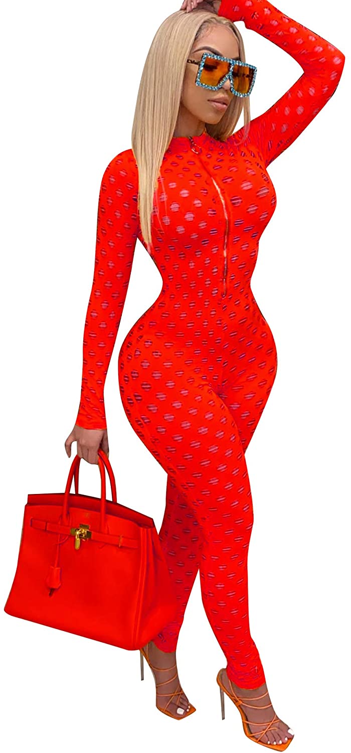 Price:$9.99 Jumpsuits for Women - Sexy Bodycon See Through Hollow Out Rompers Zipper Up Long Sleeve Long Pants Outfits : Clothing, Shoes & Jewelry