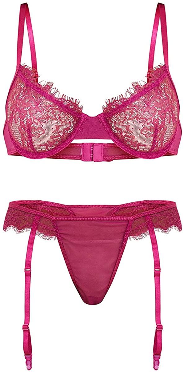 Price:$18.99 Women Lingerie Washed Violet Floral Sexy Lace Eyelash Push up Bra with Garter Belt Panty 2 Piece Sets: Clothing, Shoes & Jewelry