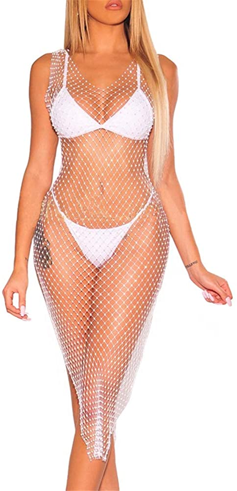 Price:$29.99 Womens Sexy Rhinestone Sheer Dress - See Through Mesh Bikini Swimsuits Cover Up Beach Mini Dress at Amazon Women’s Clothing store