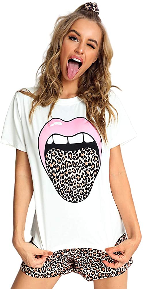 Price:$24.99 Pajamas for Women Cartoon Print Sleepwear Pj Sets Top Shorts Nightwear at Amazon Women’s Clothing store