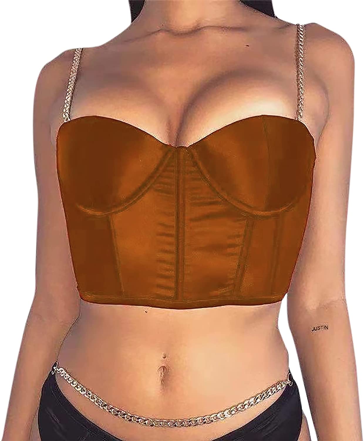 Price:$18.99 Sexy Mesh Bustier Crop Top Backless Chain Straps Push Up Padded Corset Top Bra for Party Club Rave Outfit at Amazon Women’s Clothing store