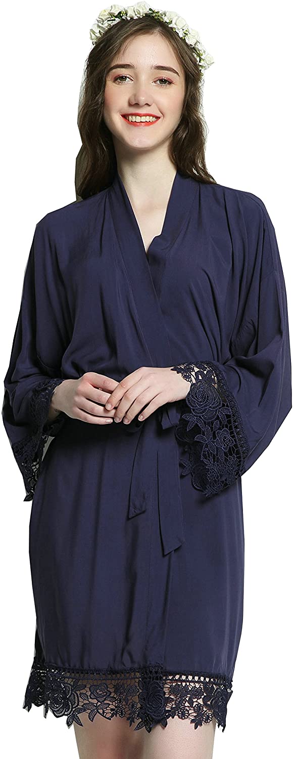Price:$24.99 Women Cotton lace Robe Bridesmaid Robes Wedding Robe Bridal Bride Robe (Navy, One Size) at Amazon Women’s Clothing store