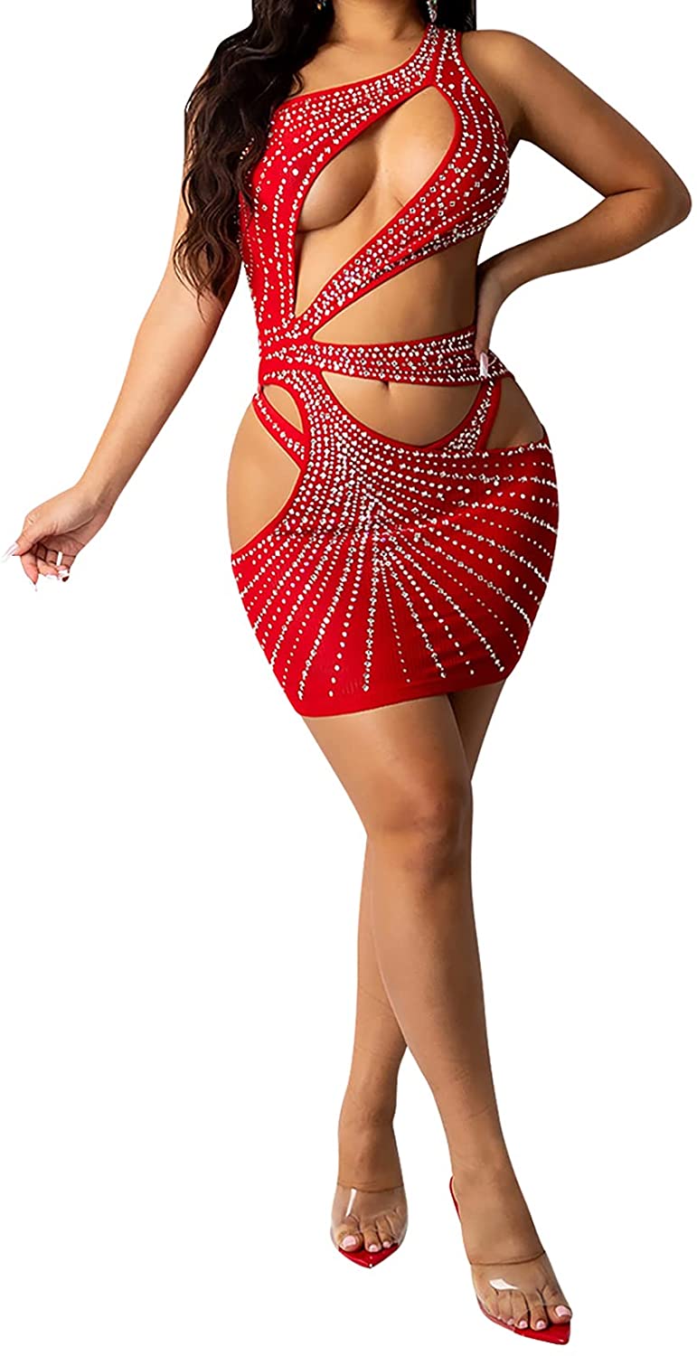 Price:$32.99 Women Sexy Sheer Mesh Rhinestone Mini Dress - See Through Sleeveless Hollow Out Bodycon Dresses with Briefs : Clothing, Shoes & Jewelry