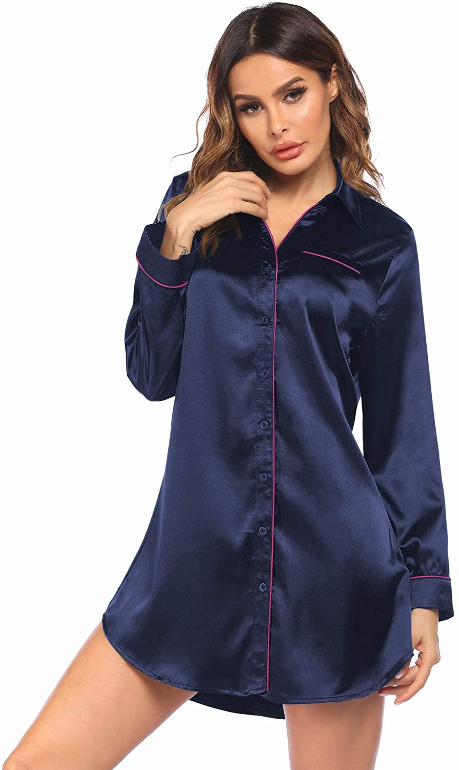 Price:$16.99 Women Nightgown Sexy Satin Nightshirt Long Sleeve Button Sleepshirt V Neck Silk Sleepwear Boyfriend Pajama Top at Amazon Women’s Clothing store